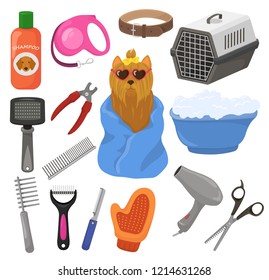 Grooming vector pet dog accessory or animals tools brush hair dryer in groomer salon illustration set of puppy doggy hygiene care equipment isolated on white background