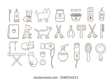 Grooming vector set line Icons. Tools for animal hair grooming in doodle style. 