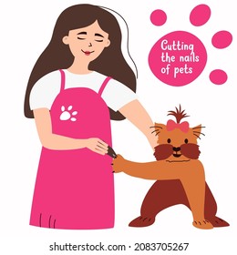 A grooming woman cuts the nails of a dog Banner, business card, flyer for a website or your design on a white background. Dog Grooming. Vector illustration