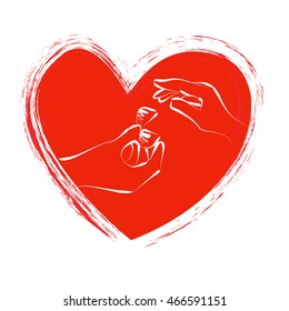  Groom's hand putting wedding ring on bride's. Vector illustration.

