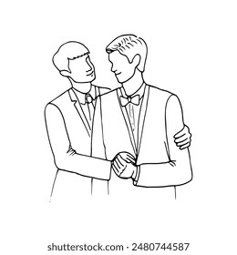 grooms stand next to each other hugging and looking at each other - hand drawn line sketch. gay couple at a wedding, men in suits hugging