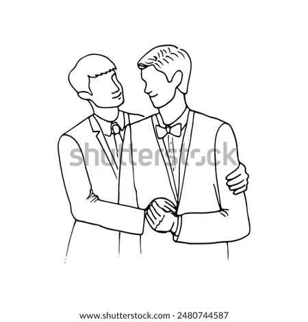 grooms stand next to each other hugging and looking at each other - hand drawn line sketch. gay couple at a wedding, men in suits hugging