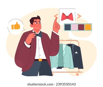 Groom's Suit concept. An excited groom picks out his perfect suit, admiring a bowtie while considering color options. The big day's attire gets a thumbs up. Flat vector illustration.