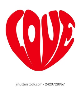 Grooovy lettering Love. Retro slogan in red in heart shape isölated on white background. Trendy groovy print design for posters, cards, tshirt. Holiday inscriptions for Valentine's Day.