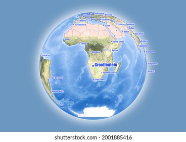 Grootfontein-Namibia is shown on vector globe map. The map shows Grootfontein-Namibia 's location in the world.