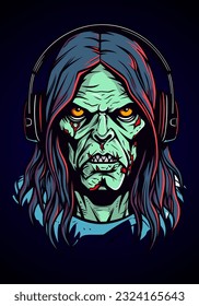 Groove to the beats of the undead with a zombie wearing headphones in this captivating illustration