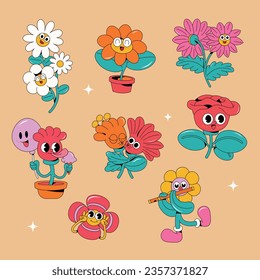 Juego de flores de Groove. Montaje de flores vintage, brotes hippies, con graciosas caras de dibujos animados aisladas en un fondo neutral. Ilustración vectorial en estilo retro.