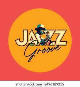 Groove Jazz - saxofón tocando músico de jazz afroamericano en colores vibrantes Ilustración vectorial minimalista.	