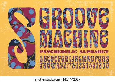 Groove Machine is a psychedelic alphabet with swirly ink marbling effects and a vintage grunge background.