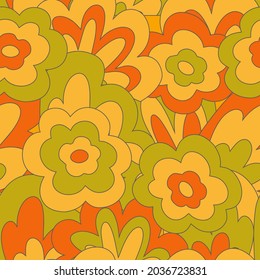 groove seamless pattern in 70s style - flowers, leaves, waves, shapes.A faded palette of hippie music festivals.Old textile with botanical ornament.Autumn cottagecore.Palette ocher, cinnamon, warm