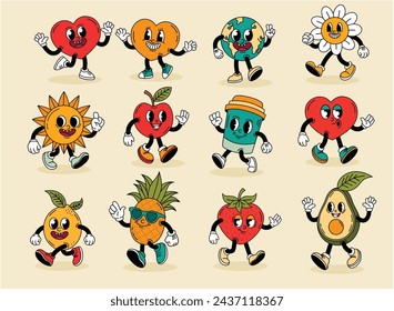 Groove style character set.Retro character.Heart,earth,pineapple,apple,lemon,strawberry,avocado,coffee.Cartoon vector illustration, print