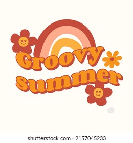 Groove summer. Slogan Print with groovy smiley flowers and rainbow, 70's Groovy Themed Hand Drawn Abstract Graphic Tee Vector Sticker.