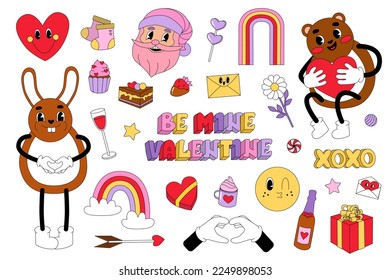 Groove valentine's element in retro set. Flower, bear, bunny, rainbow is romantic sticker. Vintage vibe set in cartoon vector style