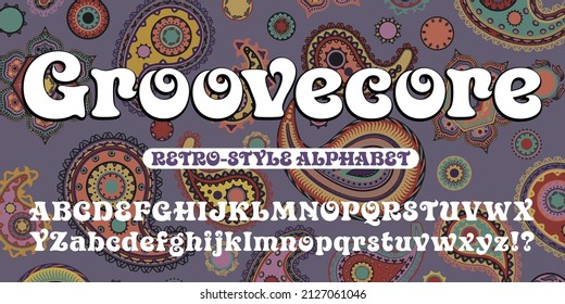 Groovecore Is A Stylized Retro 1970s Alphabet With Curlicues And Coiled Shapes. This Vintage Font Goes Well With Hippie And Psychedelic Graphic Styles.