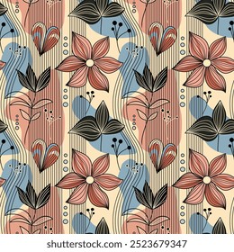 Cuadrícula de póster de flores abstractas de surcos. Flores abstractas de Matisse. Moderna Ilustración vectorial de surcos naif con estampados florales botánicos de tendencia.