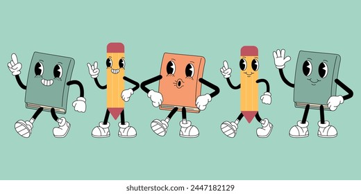 the grooves. the style of the groove. retro style. retro colors. retro pattern. letter. book. a pencil in the retro groove style. on a colored background.vector. hands. legs. cartoon style. seamless