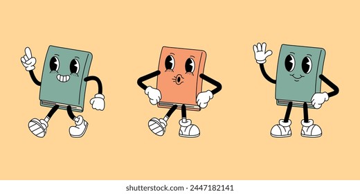 the grooves. the style of the groove. retro style. retro colors. retro pattern. letter. book. a pencil in the retro groove style. on a colored background.vector. hands. legs. cartoon style. seamless