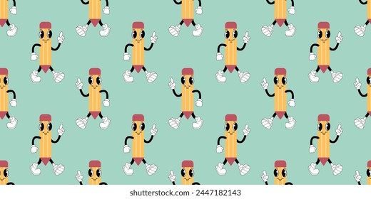the grooves. the style of the groove. retro style. retro colors. retro pattern. letter. book. a pencil in the retro groove style. on a colored background.vector. hands. legs. cartoon style. seamless