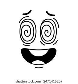 Cara de emoji de Groovie, sonrisa conmocionada o personaje de dibujos animados retro, emoticono de cómic de Vector. Cara groovy con ojos en espiral de emoticón sorprendido o asombrado cara de choque y boca asustada en línea de garabato retro