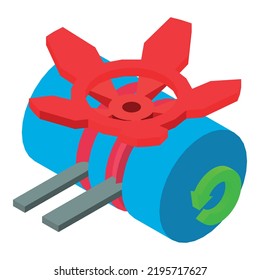 Grooving process icon isometric vector. Grooving machine and red hydrant valve. Industrial equipment, construction, manufacturing