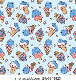 Groovy 4 th of July Seamless Pattern Retro Summer Ice Cream Trendy cartoon character isolated on background