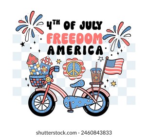 Groovy 4th of July bycicle Cartoon Trendy doodle collection idea for Shirt Sublimation printing