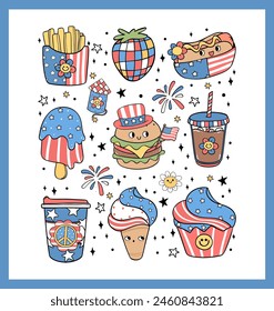 Groovy 4th of July Essen Retro Cartoon Trendy Doodle Kollektion Idee für Shirt Sublimationsdruck