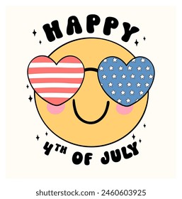 Groovy 4th of July happy smile face emoji Cartoon Trendy doodle idea for Shirt Sublimation, greeting card