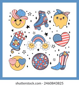 Groovy 4th of July happy smile face emoji Retro Cartoon Trendy doodle collection idea for Shirt Sublimation printing