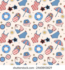 Groovy 4th of July seamless pattern summer beach vibe Trendy cartoon character isolated on background