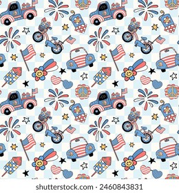 Groovy 4th of July seamless pattern Retro America firework and truck Trendy cartoon character isolated on background