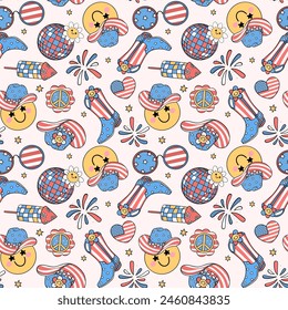 Groovy 4th of July seamless pattern cowboy boot and hat Trendy cartoon character isolated on background