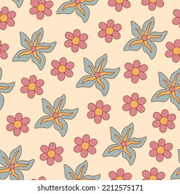 Groovy 60s 70s floral seamless pattern. Funny retro endless background with hand drawn flowers. Vintage backdrop for greeting card, poster, wrapping paper