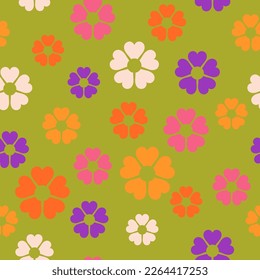 Groovy 60s seamless pattern. Retro colorful fashion print. Vintage 70s textile design. Geometric floral vector illustration