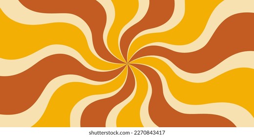 Groovy 70s, 60s background with twisted sunburst. Vector illustration