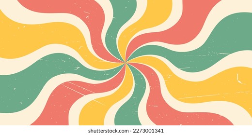Groovy 70s, 60s background with twisted sunburst. Vector