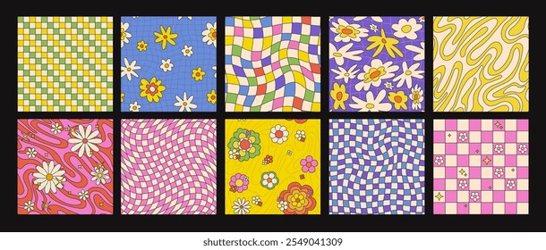 Groovy 70s patrones estéticos sin fisuras con flores de margarita, fondos de tablero de ajedrez ondulado psicodélico. Patrón a cuadros hippie con margaritas, colorido funky vintage floral textil impresión Vector conjunto