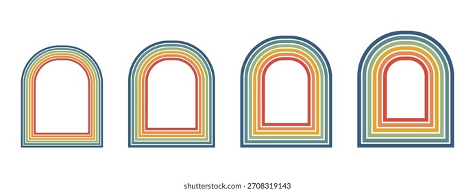  Groovy 70er Jahre gewölbte Rahmen mit Regenbogenstreifen und psychedelischen Grenzen. Retro funky Tür Design perfekt für Vintage-Poster und nostalgische Hintergründe.