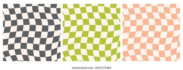 Groovy 70s backgrounds. Checkerboard, chessboard, mesh, waves patterns. Peach fuzz