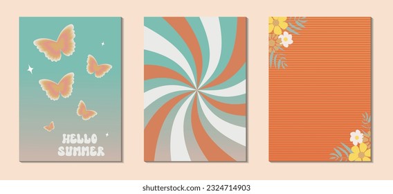 Groovy 70s backgrounds . Hippie Aesthetic. Posters in the style of 70s retro groovy with flowers and butterflies. Vector illustration