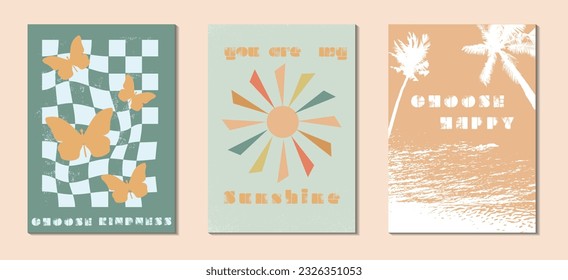 Groovy 70s backgrounds . Hippie Aesthetic. Posters in the style of 70s retro groovy with lettering, butterflies, sun , palms, texture etc.. Vector illustration