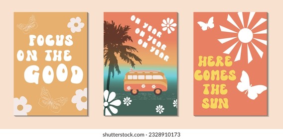 Groovy 70s backgrounds . Hippie Aesthetic. Posters in the style of 70s retro groovy with lettering, butterflies, sun , palms, flowers, car, texture etc..Vector illustration