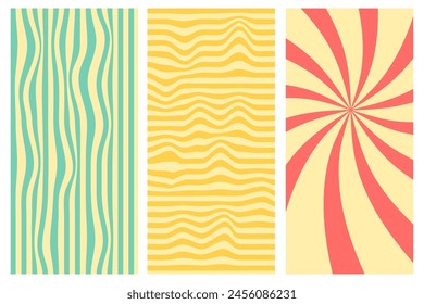 Groovy 70s backgrounds, waves and swirls, twisted and distorted vector illustrations in trendy retro style. Y2k aesthetic.