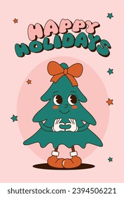 Groovy 70s Christmas card with cute Christmas tree. Trendy retro cartoon style. Festive greeting card, print, invitation, poster, banner, background.
