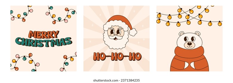 Groovy 70s Christmas card set. Trendy retro cartoon style.
