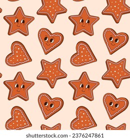 Groovy 70s Christmas seamless pattern with cute gingerbread cookies. Trendy retro cartoon style. Comic cartoon characters and elements. 