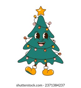 Groovy 70s Christmas sticker. Cartoon character in trendy retro style, comic mascot. Cute christmas tree
