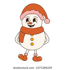 Groovy 70s Christmas sticker. Cartoon character in trendy retro style, comic mascot. Cute snowman
