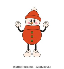 Groovy 70s Christmas sticker. Cartoon character in trendy retro style, comic mascot. Cute snowman