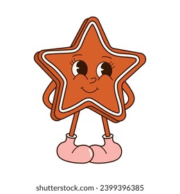 Groovy 70s Christmas sticker. Cartoon character in trendy retro style, comic mascot. Cute star shaped gingerbread cookie